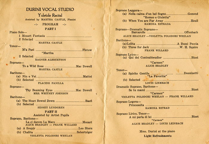 Durini Vocal Studios Program, 1928